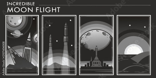 Tableau sur toile Vintage Space Flight Illustration Set Gray Tones On Black Backgrounds With Celes