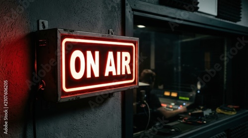 Red glowing on air sign mounted on a dark studio wall indicates a live recording session or broadcast in progress, featuring a blurred sound engineer working at a professional mixing console and