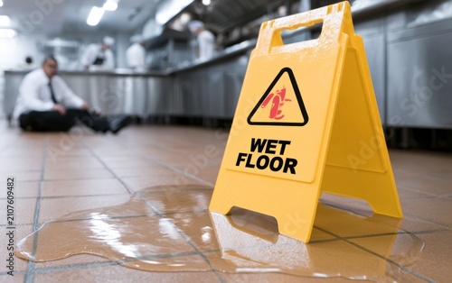 Caution Wet Floor Sign in Busy Commercial Kitchen with Water Spill and Staff in Background