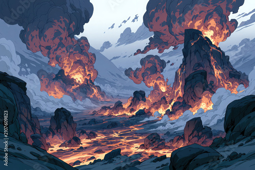 Fiery Explosions Erupting Across Rocky Mountain Terrain Background