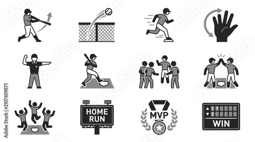 Принти на полотні Baseball Player Sports Action Icons Set.