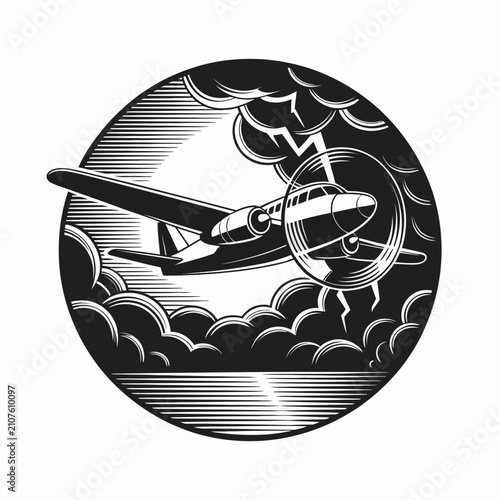 Foto Vintage airplane flying through stormy skies with lightning.