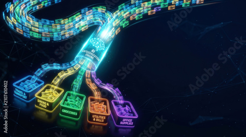 Glowing digital pipeline sorting data files into categorized folders using an AI categorization engine representing machine learning, automated accounting, and smart data management.