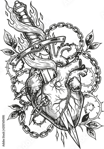 Engraving vintage dagger piercing anatomical heart with chains and thorns in dramatic lighting