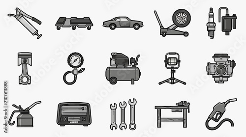 Foto Professional Black and White Line Drawing Set of Auto Repair Tools Equipment and