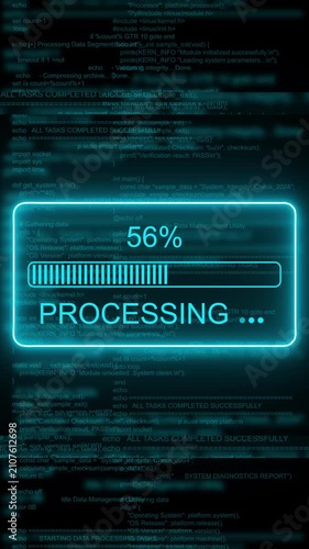 Digital data processing progress bar with scrolling source code background, loading