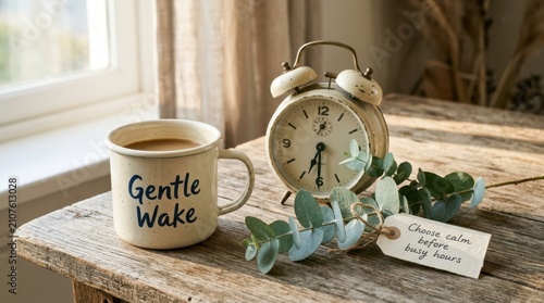Vintage alarm clock and coffee mug with gentle wake text on a wooden table by the window with eucalyptus branch and inspirational tag, perfect for morning routine and wellness concepts content always.