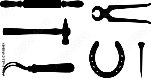 Photos Farrier Horse Hoof Care Tools and Horseshoe Vector Silhouette Set with Rasp, Ham