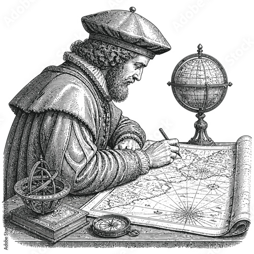 Vintage engraving of a renaissance cartographer studying a map.