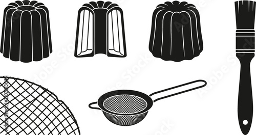 French Canele Pastry and Baking Tools Vector Icon Set Featuring Traditional Cakes Pastry Brush Mesh Strainer and Cooling Rack Elements