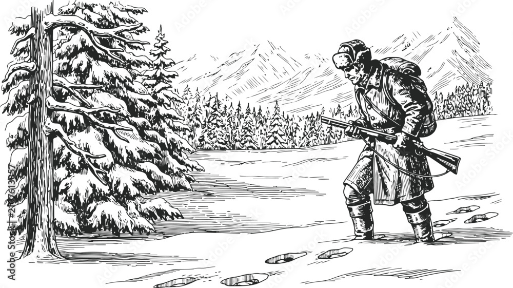 Obraz premium Hunter with rifle tracking footprints in snowy mountain landscape an ENGRAVING VINTAGE scene of wilderness exploration