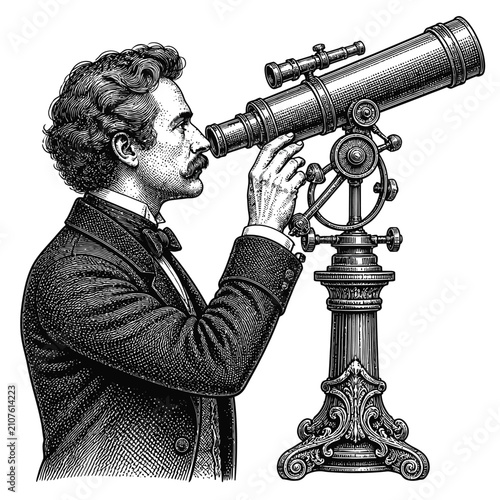 Vintage engraving of a Victorian gentleman looking through a telescope.