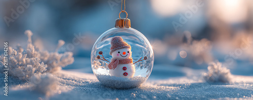 Happy snowman inside a glass Christmas bauble hanging over snowy ground, crisp winter light, ultra-sharp detail 32k