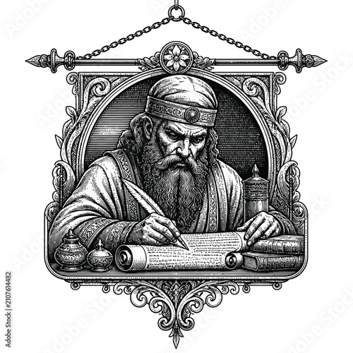 Vintage engraving of an ancient bearded scholar writing on a scroll.