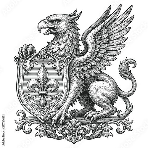 Vintage Engraving Style Griffin Holding A Decorative Shield With Fleur De Lis Symbol.