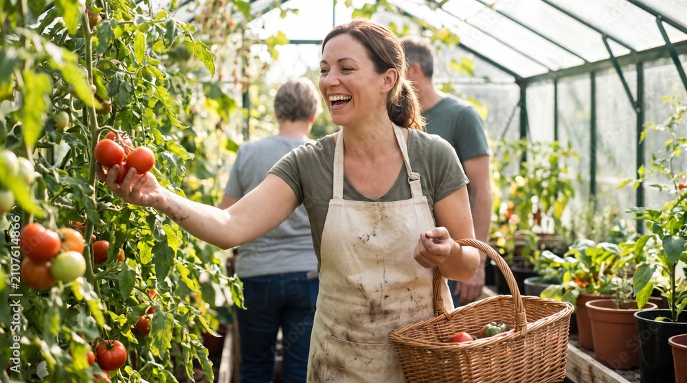 Fototapeta premium Joyful Female Farmer Harvesting Fresh Red Organic Tomatoes in Greenhouse