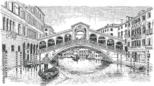 Venetian Rialto Bridge with gondola on canal during daytime in ENGRAVING VINTAGE style