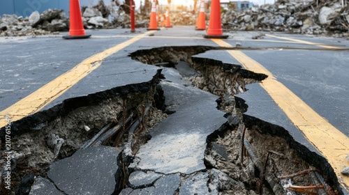 Detailed View of Road Damage Caused by Earthquake with Cracks and Construction Barriers in Urban Area