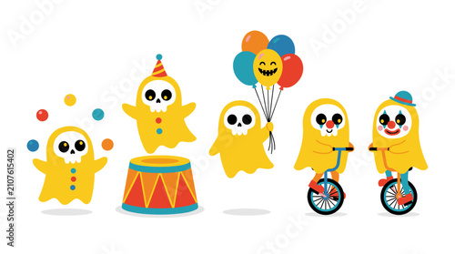 Charming cartoon ghosts engaging in fun activities with colorful balloons