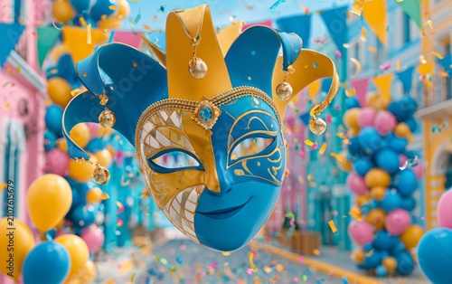 Elegant 3D Illustration of a Blue Masquerade Mask Surrounded by Colorful Festive Decorations and Balloons