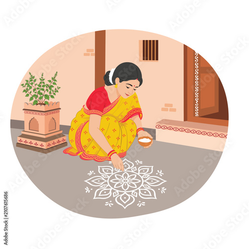 Indian Woman Drawing Traditional Rangoli or Alpana Outside Home Entrance, Cultural Floor Art Flat Vector Illustration.