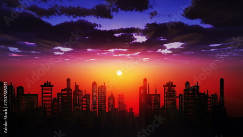 Cinematic Futuristic City Skyline at Sunset with Dramatic Clouds and Moving Light Rays, Urban Background