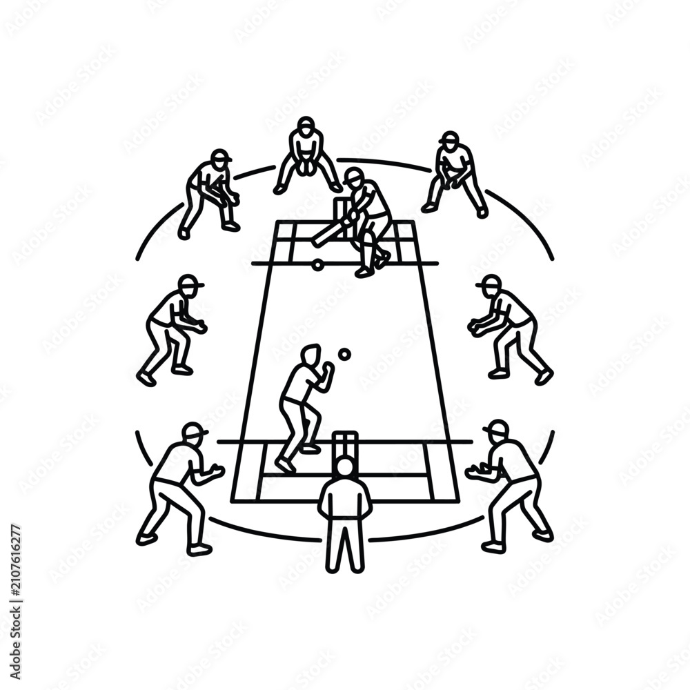 Obraz premium Cricket Match Line Art: Players in Action on Field, Sports Illustration
