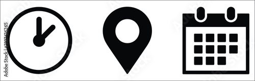 Time, Address And Date Icon Vector Set Featuring Clock, Map Pin Location And Calendar Symbols In Flat Style For Modern Web And Mobile Applications, Appointment Scheduling, Travel Planning