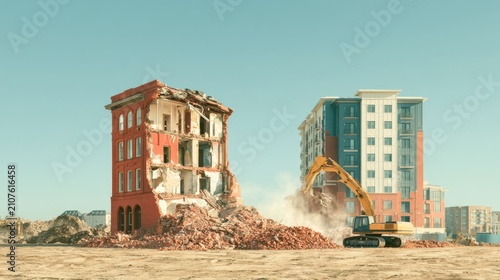 Urban Renewal Concept Depicting Historic Building Demolition and Modern Construction in Cityscape