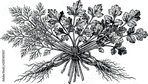 Vintage engraving of fresh parsley and dill herbs with roots on white background for culinary designs