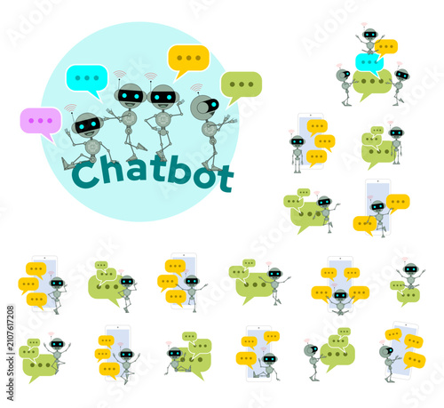 Obraz na płótnie AI Chatbot Robot with Mobile Messaging Speech Bubbles Vector Set