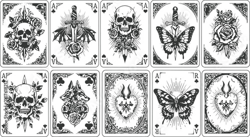 Vintage engraving playing cards with skulls swords butterflies and roses during a dark conceptual display