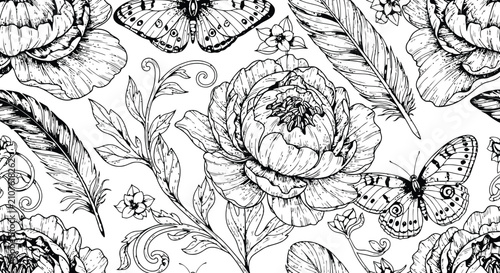 Vintage engraving pattern with peonies butterflies and feathers in detailed line work