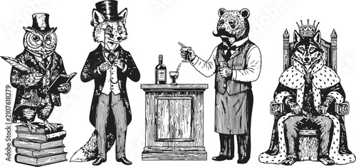 Vintage engraving style anthropomorphic animals in formal attire during a regal gathering