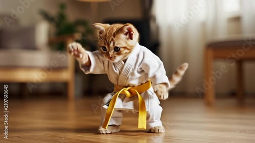 Adorable Ginger Kitten Performing Martial Arts Moves in White Uniform