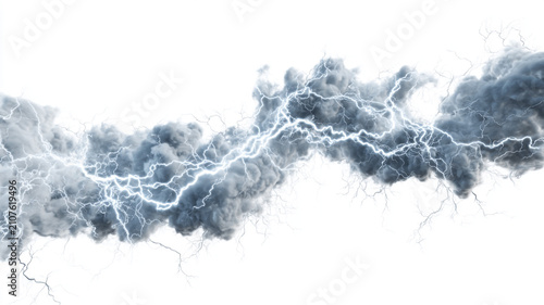 Intense cloudburst flash forming radiant electric veins, isolated on white background
