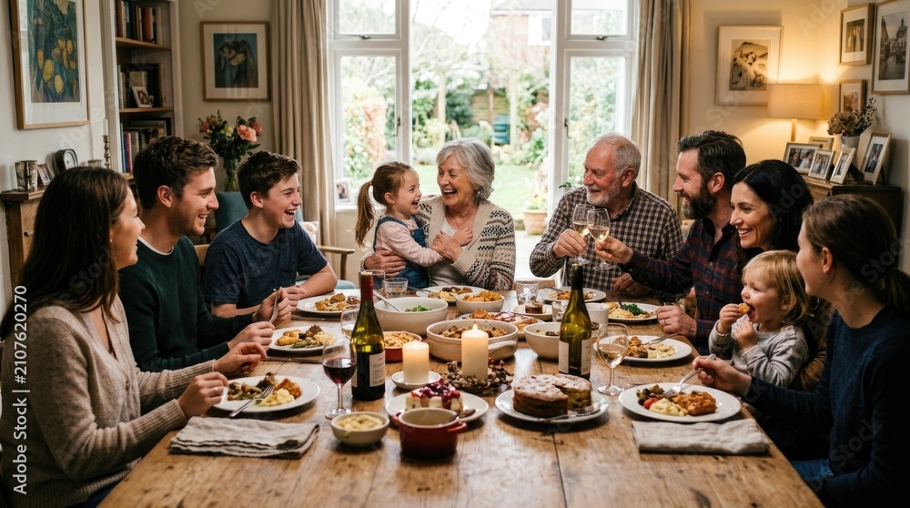 Obraz premium Multigenerational family gathering around a wooden table, sharing festive holiday dinner, celebrating with happy laughter, loving senior grandparent, caring parent.