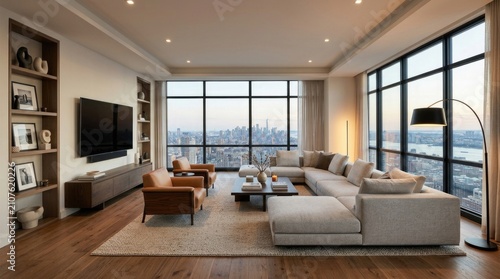 Modern penthouse living room featuring luxury sectional sofa, tan leather armchair, wooden floor, big television, panoramic window displaying scenic metropolis skyline view.