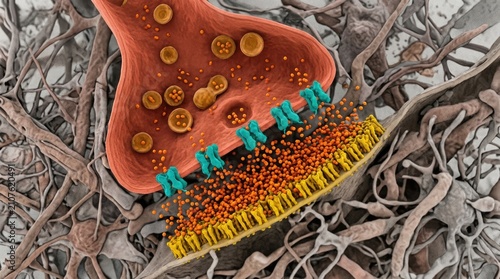 Dopamine transporter blockade by cocaine, showing synaptic cleft accumulation of neurotransmitter molecules, presynaptic membrane vesicles, inhibited reuptake mechanism in human brain tissue.