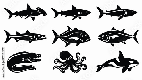 Tableau sur toile Black sea life silhouettes, collection of 9 marine animal icons, hammerhead shar