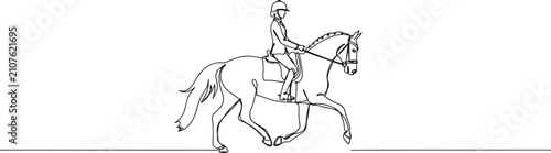 Schilderij op canvas One line drawing of beautiful female rider on an elegant horse at a trot, depicting the graceful partnership, skill, and deep connection
