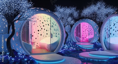 Futuristic organic pods with vibrant interior lighting and ambient garden