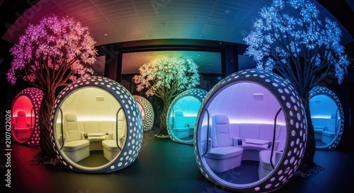 Futuristic relaxation pods with colorful illumination