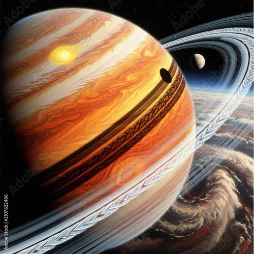 Gas giant planet with rings and moons in deep space
