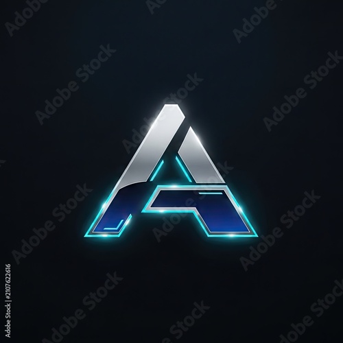 Geometric letter a symbol with futuristic blue and silver accents