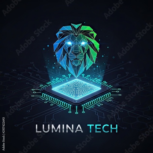 Geometric lion head above glowing circuit board digital art