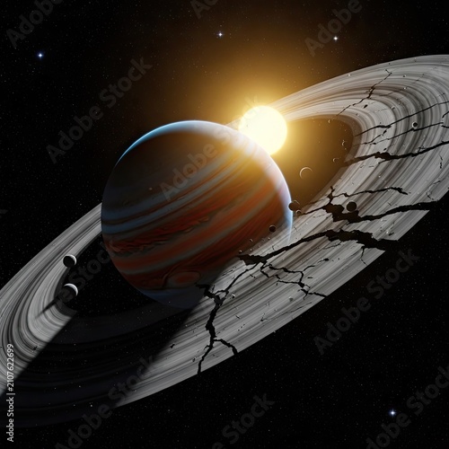 Giant ringed planet with sun and moons in deep space cosmic vista
