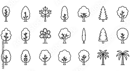 Collection Of Tree Line Icons On White Background arboricultural botanical