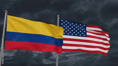 Waving Colombia and United States Flags Amidst Dramatic Lightning Storm