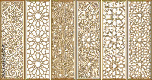 фотографія Traditional Arabic Islamic ornamental patterns set, golden intricate geometric w